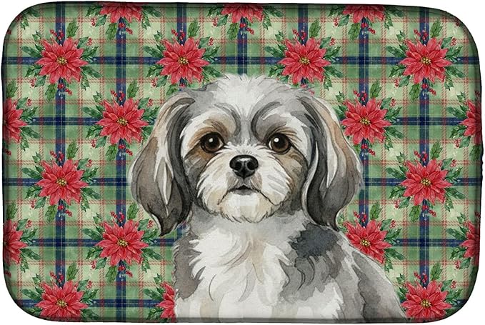Caroline's Treasures Grey and White Tibetan Spaniel Christmas PoinsettIas Dish Drying Mat Absorbent Dish Drying Mat Pad for Kitchen Counter Dish Drainer Mat for Countertop, 14 x 21", Multicolor
