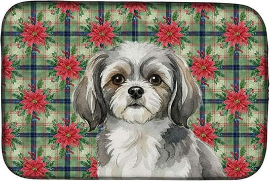 Caroline's Treasures Grey and White Tibetan Spaniel Christmas PoinsettIas Dish Drying Mat Absorbent Dish Drying Mat Pad for Kitchen Counter Dish Drainer Mat for Countertop, 14 x 21", Multicolor