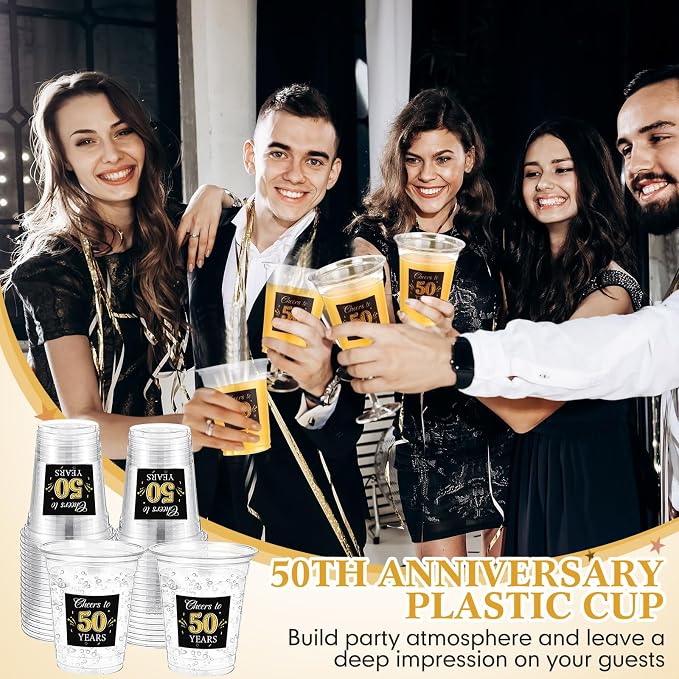 Funnymoom 100 Pack 50th Birthday Cup 12 oz Cheers to 50 Years Happy Birthday Disposable Clear Plastic Cups for Him Men Women Wedding Anniversary Decorations Party Favors