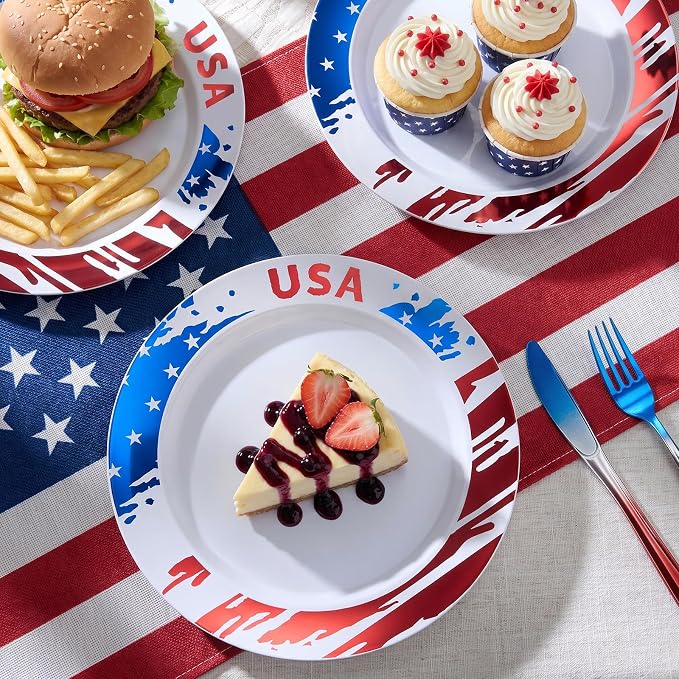 BESTVIP 50Pcs 4th of July Plastic Plates - Patriotic Red White Blue Disposable Plates with USA Pattern for Independence Day Memorial Day Party Supplies
