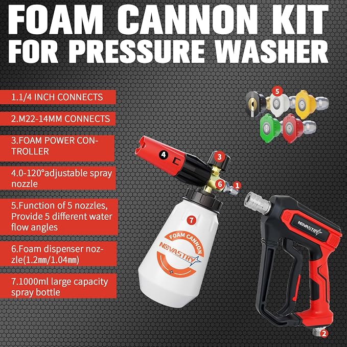 Pressure Washer Gun with Foam Cannon Kit, 1/4" Quick Connect, 5 Spray Nozzles, 1000-4000 PSI Pressure Washer Accessories, M22-14 Adapter & 3/8" Swivel Quick Connector for Car Wash & House Cleaning
