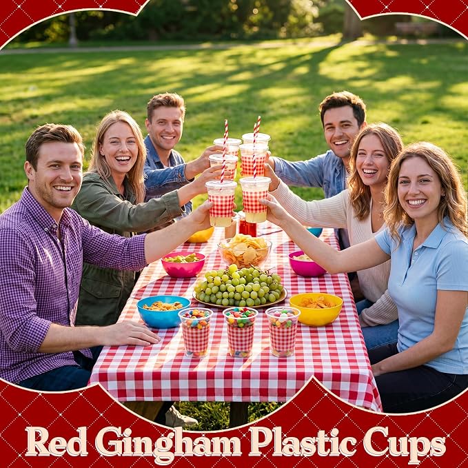 Domensi 25 Sets Red and White Gingham Plastic Cups with Lids and Paper Straws 12oz Checkered Party Disposable Cups Bulk Drinking Cup for Cold Drinks Baby Shower Wedding Birthday Summer Party Supplies
