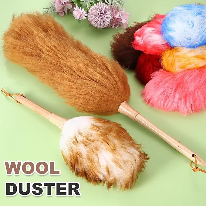uxcell Wool Duster, 20.5" Natural Feather Cleaner Household Cleaning Duster with Solid Wooden Handle for Cleaning Fans Window Blinds Shelves Furniture, Red