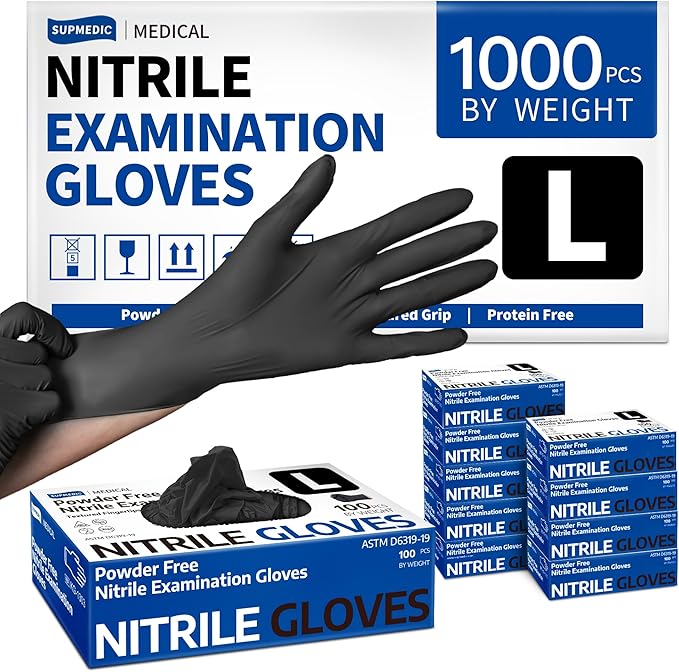 Supmedic Medical Soft Max™ Nitrile Exam Gloves, 1000Pcs Latex-Free Powder-Free Food Safe Clean Cooking Disposable Glove Black