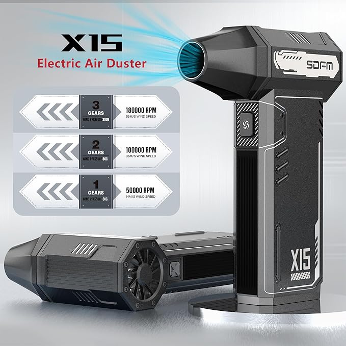 SDFM Compressed Air Duster - 180,000 RPM Snow Blower - with Brushless Motor, 3-Gear Adjustable Air Duster - for Keyboard, PC, Car, Air Bed, and Home Cleaning (X15+X3B)