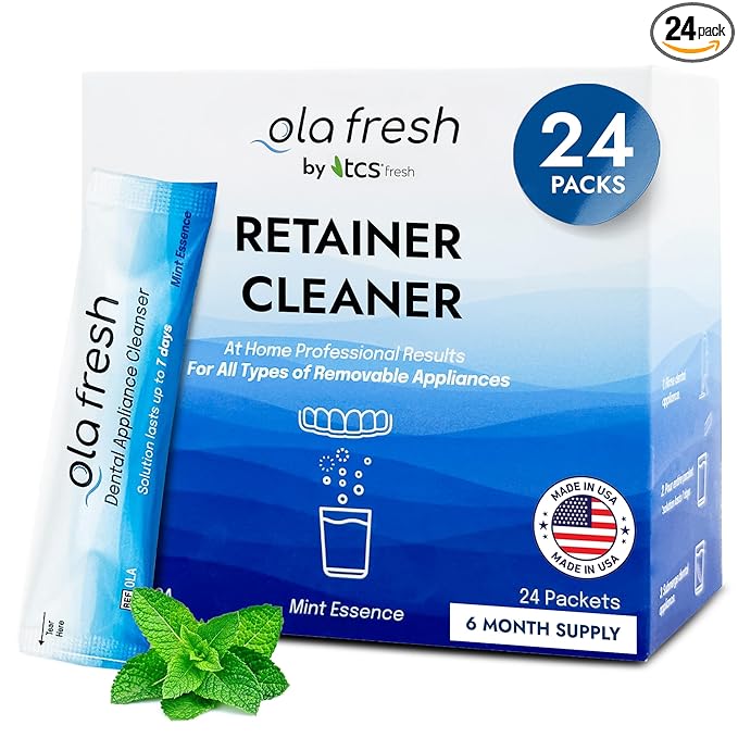 TCS Fresh Retainer Cleaner – Powder Solution for Denture, Aligner, Nightguard, Mouthguard & Retainer – Mint Essence Flavor, 24 Packets (6 Month Supply)