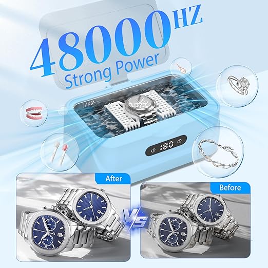 Ultrasonic Jewelry Cleaner: 48Khz Ring Cleaner Ultrasonic Machine with Digital Timer, 4 Cleaning Modes, 24W Sonic Cleaner for Jewelry, Glasses, Retainer, Watch Strap, Home & Travel Use, 13.5oz