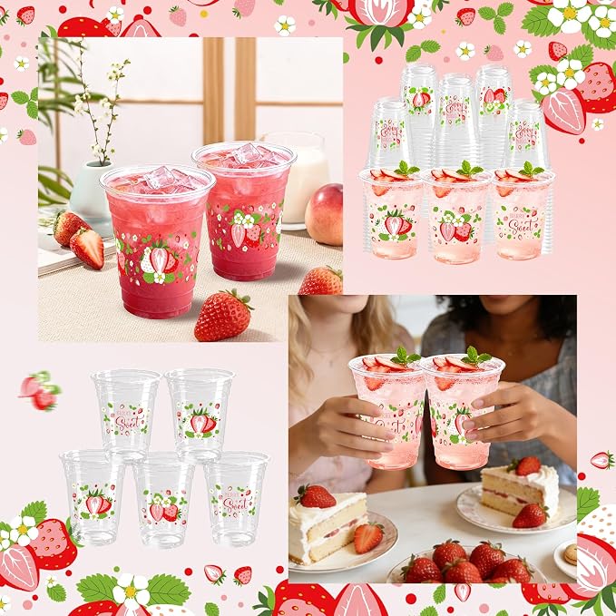 100 Pcs Strawberry Plastic Cups 12 oz Red and White Strawberry Disposable Clear Fruit Cold Beverage Cups for Birthday Baby Shower Summer Party Supplies Favors