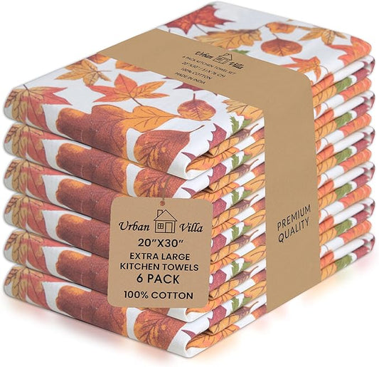 Urban Villa Kitchen Towels Harvest Leaves Print Dish Towels Set of 6 20" X30” 100% Cotton Highly Absorbent Quick Drying Dish Cloths & Dish Towels Thanksgiving Fall Tea Towels with Hanging Loop Towels
