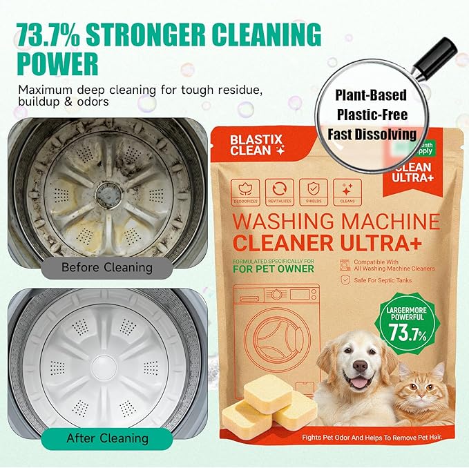 BLASTIX Ultra+ Plant-Based Washing Machine Cleaner Tablets | 30 Count | Pet Hair & Odor Control | Light Lemon Scent | Recyclable Kraft Paper Packaging