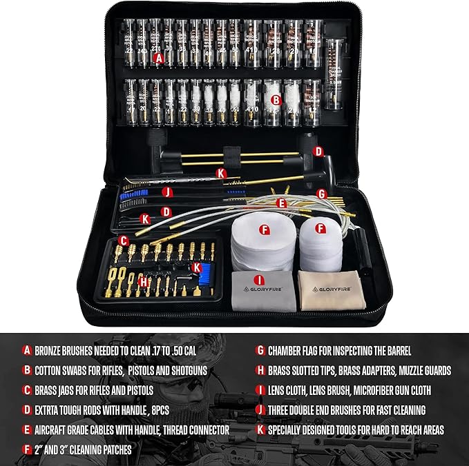 GLORYFIRE Universal Gun Cleaning Kit for Handgun Shotgun & Pistol,Elite Gun Cleaning Set with High-end Brass Brushes, Mops, Jags, Reinforced Rods and Gun Cleaning Snake&Ropes