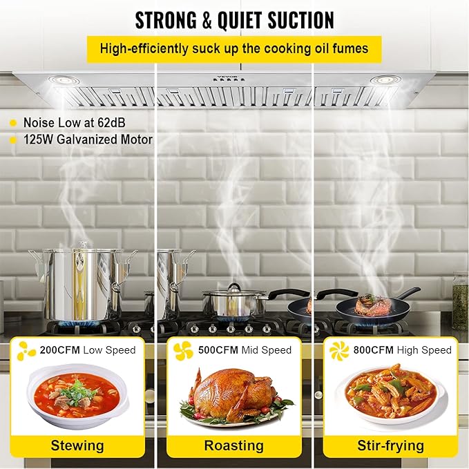 VEVOR Insert Range Hood, 800CFM 3-Speed, 30 Inch Stainless Steel Built-in Kitchen Vent with Push Button Control LED Lights Baffle Filters, Ducted/Ductless Convertible, ETL Listed