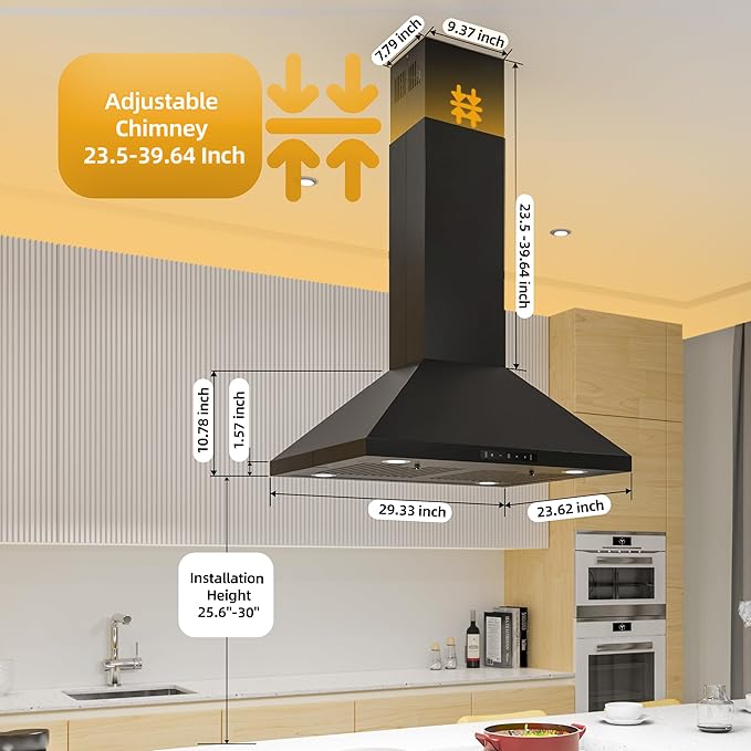 FIREGAS Island Mount Range Hood 30 Inch, 700 CFM Ducted/Ductless Convertiable Kitchen Hood, Pyramid Style Ceiling Mount Range Hood with Gesture Sensing & Touch Control,Permanent Filters, LED Lights