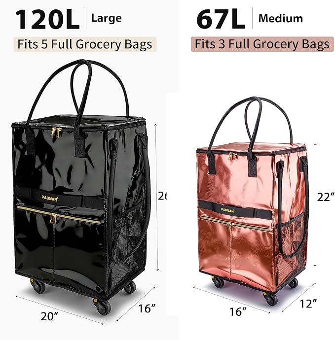 Reusable Grocery Bag on Wheels, Foldable Rolling Tote Bag with Handle and Zipper Cover, Heavy Duty Shopping Cart for Laundry, Market & Travel (Purple, Large_120L)
