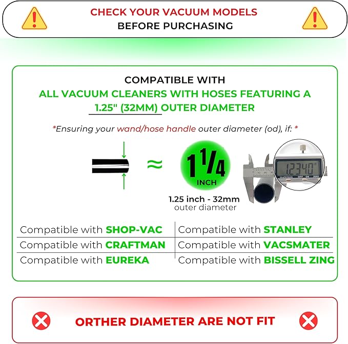 1.25 Inch Stainless Steel Vacuum Extension Wand Compatible with Vacuums using 1 1/4 Inch (1.25in) 32mm Accessories - 1 1/4 Vacuum Extension Tube for Shop Vac (Stainless Steel Extension Wand)