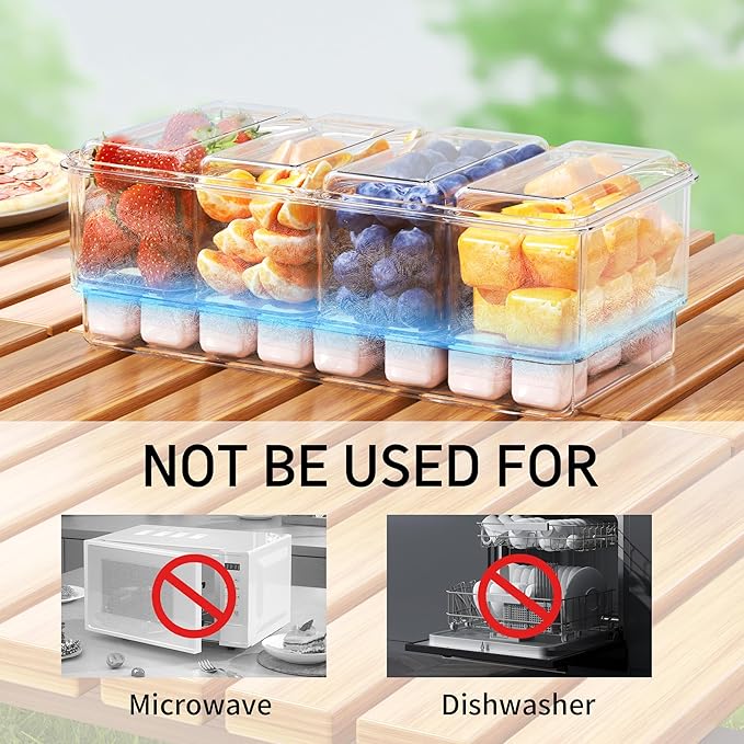 3Pack Chilled Condiment Caddy with 4 Containers 4 Lids Fruit Serving Tray Platter with Handle Portable Snackle Box Organizer Server with Ice Pack for Mimosa Bar Supplies,Salad,Taco,Party Garnish,Beige