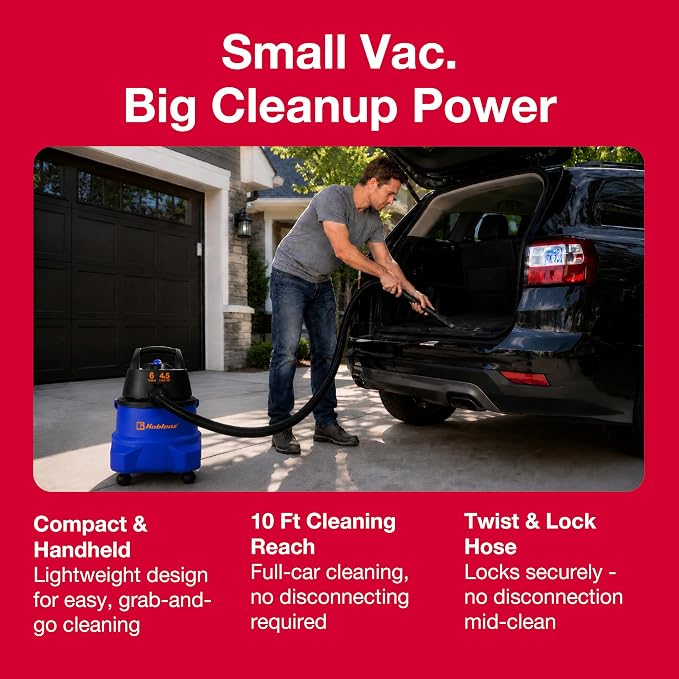 Koblenz WD-6 L212 Wet Dry Vacuum Cleaner, 6 Gallon, 4.5 PHP, 3-in-1 Suction & Blower, 16 ft Reach, Big Cleaner for Car, Shop Vacuum Wet and Dry, Swivel Casters, Black/Blue