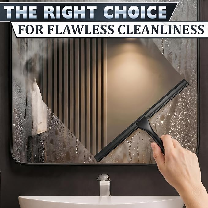 Shower Door Squeegee with Hook - 14" Silicone Blade, Stainless Steel Black Squeegee for Shower Glass with Adhesive Mount - All-Purpose Bathroom Tile, Mirror, & Window Wiper for Streak-Free Cleaning