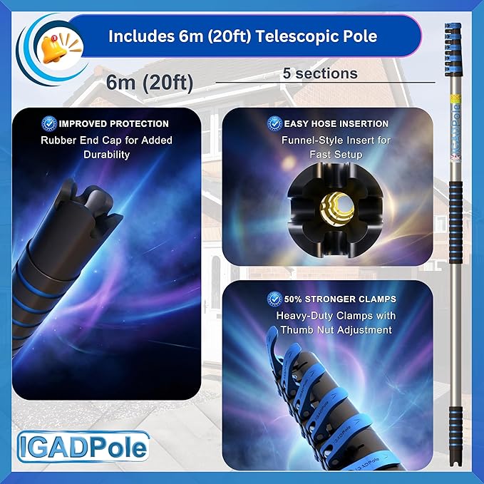 IGADPole 20 FT Water-Fed Cleaning Kit – Extendable Telescopic Pole with Soap-Dispenser, Brush & Cobweb Duster, Adjustable 5-20 FT Handle for Safe High Window, Gutter, Solar Panel & Exterior Cleaning