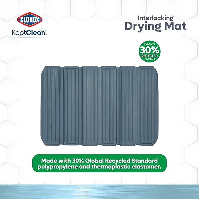 Clorox KeptClean Interlocking Non-Slip Dish Drying Mat – Flexible, Foldable, Durable, Quick-Dry Mat, Interlocking Panels for Various Drying Elevations, Folds Compact for Storage - Steel Blue