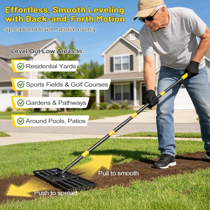 Lawn Leveling Rake,Foldable 30x10 Inch Ground Plate,72 Inch Adjustable Long Handle Yard Level Tool with Curved Edge,Heavy Duty Landscaping Lawn Leveler for Grass, Golf Field, Soil Sand Dirt Spreader