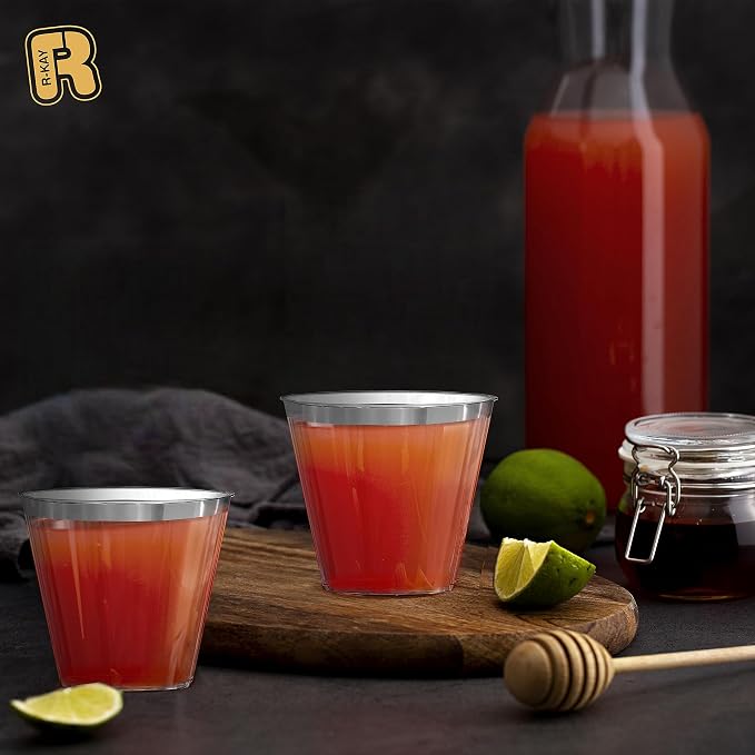 R-kay Silver Plastic Cups - 100 Pack - 9 Oz Clear Cups - Hard, Disposable, Heavy Duty Party Cups - Plastic Wine & Cocktail Glasses
