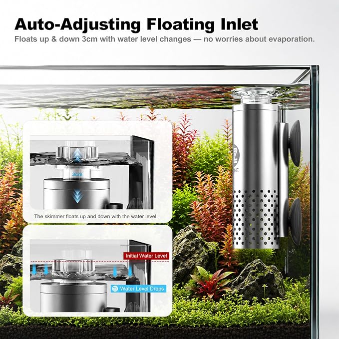 FZONE Aquarium Surface Skimmer, Mini Electric Surface Skimmer with USB Plug for Planted Tanks | 4-Speed Controller,Ultra‑Quiet Design, for nano tank, effortless setup, Durable Stainless Steel, easy to maintence