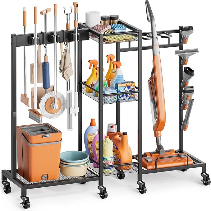 Broom and Mop Holder with Cleaning Supplies Organizer