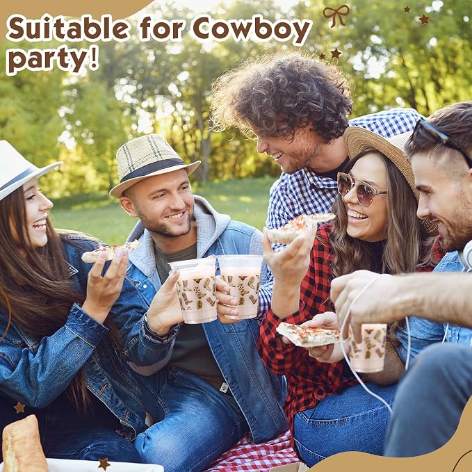 Jingmore 100 Pcs Western Plastic Cups 12 oz Clear Disposable Plastic Cowboy Cowgirl Drinking Cups Bulk for Boho Preppy Baby Shower Birthday Wild West Party Decoration Supplies(Cowboy Shoes,Brown)