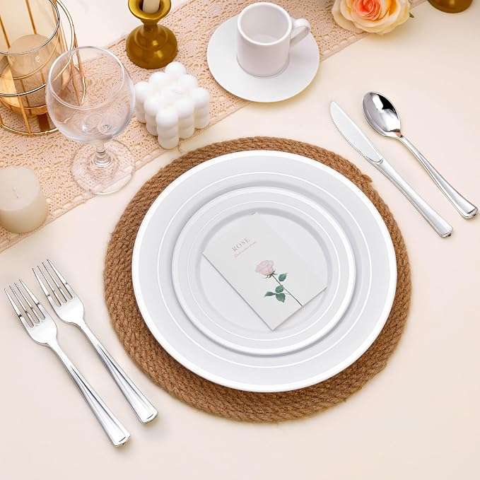 BESTSTAR 100PCS White Plastic Plates for Party, 10.25 Inch Disposable Plates with Silver Rim, Heavy Duty Dinner Plates for Wedding and Birthday