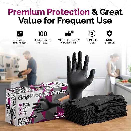 GripProtect® Precise Black Nitrile Gloves, Exam, 4 Mil, Food, Home, Cleaning, Medical/Dental, Tattoo (Small, 1,000)