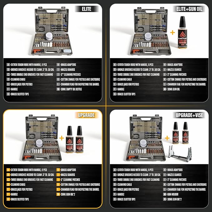 GLORYFIRE Elite Gun Cleaning Kit, Handgun Shotgun Pistol Universal Cleaning Kit with All Brass High-end Brushes, Jags, Reinforced and Lengthened Rods