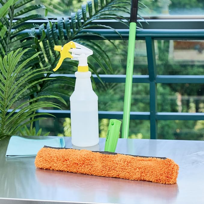 Restaurantware-Clean Tek Professional Window Washer Strip, 1 Window Scrubber with T-Bar Handle - Machine Washable, No-Streak Cleaning, Orange Microfiber Washer for Glass Door, Home Or Commercial Use