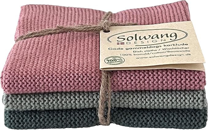Solwang 3-Piece Danish Cotton Dishcloths in 100% Certified Organic Cotton Made in India (Rose/Sage Organic Combi)