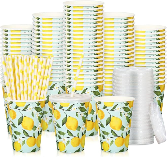 50 Sets Lemon Paper Cups with Paper Straws Plastic Lids 12OZ Yellow Lemon Green Leaves Disposable Coffee Tea Cups for Summer Holiday Fruit Party Juice Drink Beverage Bar Supplies