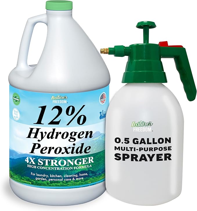 Nature's Freedom 12% Hydrogen Peroxide with Pump Sprayer, Food Grade H2O2 and Purified Water Only, NSF Certified, 1 Gallon Solution