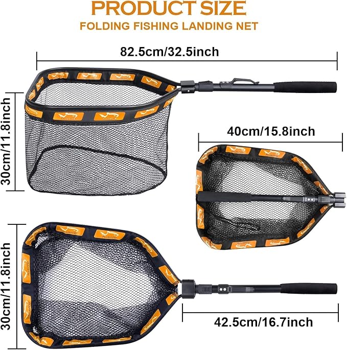 PLUSINNO Floating Fishing Net for Steelhead, Salmon, Fly, Kayak, Catfish, Bass, Trout Fishing, Rubber Coated Foldable Landing Net with Fixed or Telescoping Pole Handle, Fishing Gear and Gifts for Men