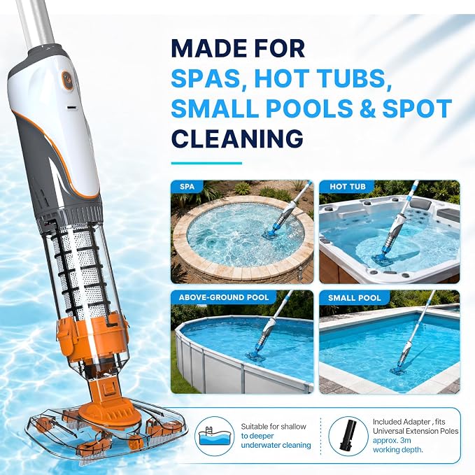 Cordless Pool Spa Vacuum Cleaner Rechargeable Handheld Pool Vacuum with 60-Min Runtime Dual Filtration 3 Cleaning Heads Telescopic Pole for Sand Leaves Hot Tubs Above Ground & Small Pools (Orange)