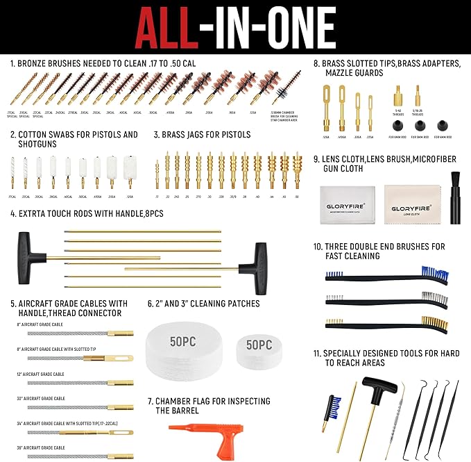 GLORYFIRE Universal Gun Cleaning Kit for Handgun Shotgun & Pistol,Elite Gun Cleaning Set with High-end Brass Brushes, Mops, Jags, Reinforced Rods and Gun Cleaning Snake&Ropes
