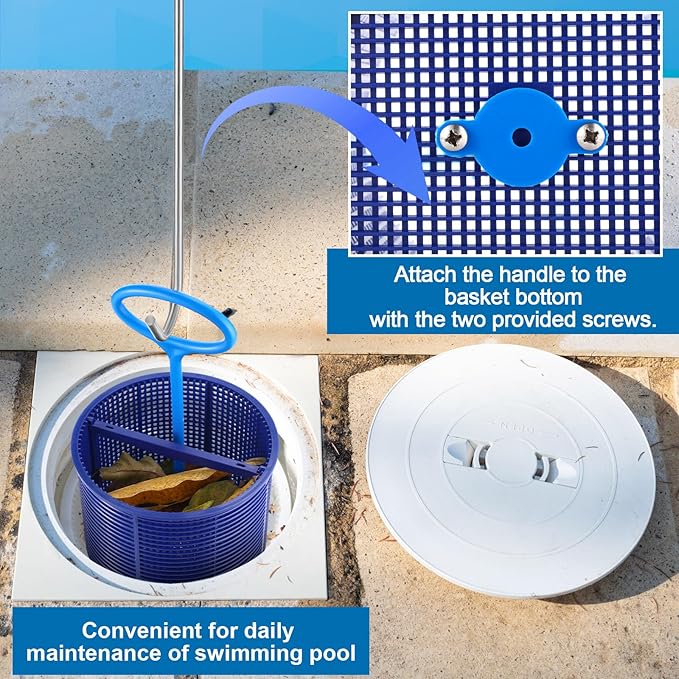 2 Pcs Pool Skimmer Basket with 1 Skimmer Handle and 1 Basket Hook Kit Compatible with Sp1082ca B-152 Automatic Skimmers, Compatible Sp1082 Sp1083 Sp1084 1085 1086 Sp1075 1075t(Blue)