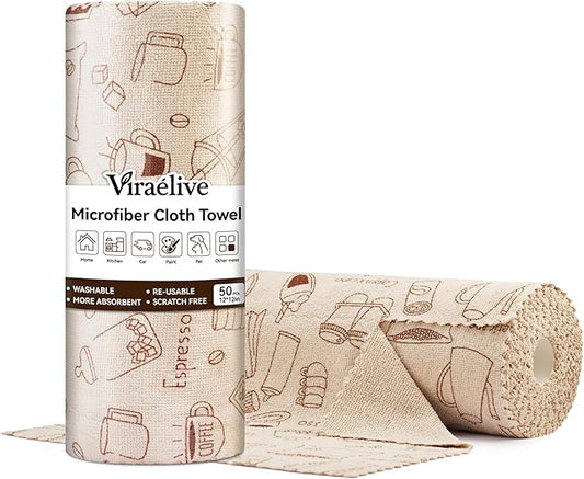 Microfiber Cleaning Cloth Roll, 50-Count Reusable Washable Rags, Absorbent Lint-Free Non-Scratch Streak-Free Tear-Away Barista Towels for Kitchen & Home, Bar & Studio, 12x12 in