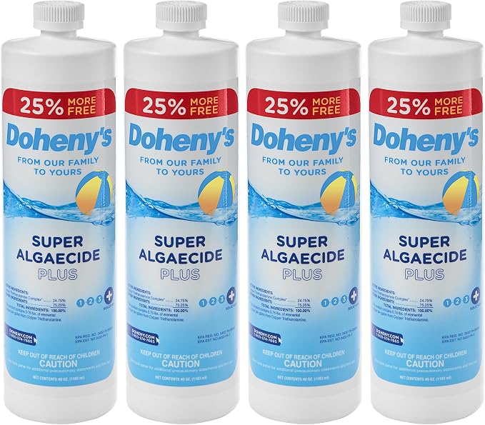 Doheny's Super Algaecide Plus | Pro-Grade | Effective Against Most Algae Types | 7.1% Chelated Copper (Reduces Staining) | Non-Foaming, No Clouding | Safe to Swim After Use | 4 x 40oz Bottles (160oz)