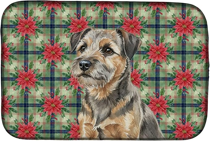 Caroline's Treasures Grizzle and Tan Border Terrier Christmas PoinsettIas Dish Drying Mat Absorbent Dish Drying Mat Pad for Kitchen Counter Dish Drainer Mat for Countertop, 14 x 21", Multicolor