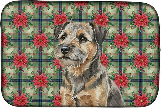 Caroline's Treasures Grizzle and Tan Border Terrier Christmas PoinsettIas Dish Drying Mat Absorbent Dish Drying Mat Pad for Kitchen Counter Dish Drainer Mat for Countertop, 14 x 21", Multicolor