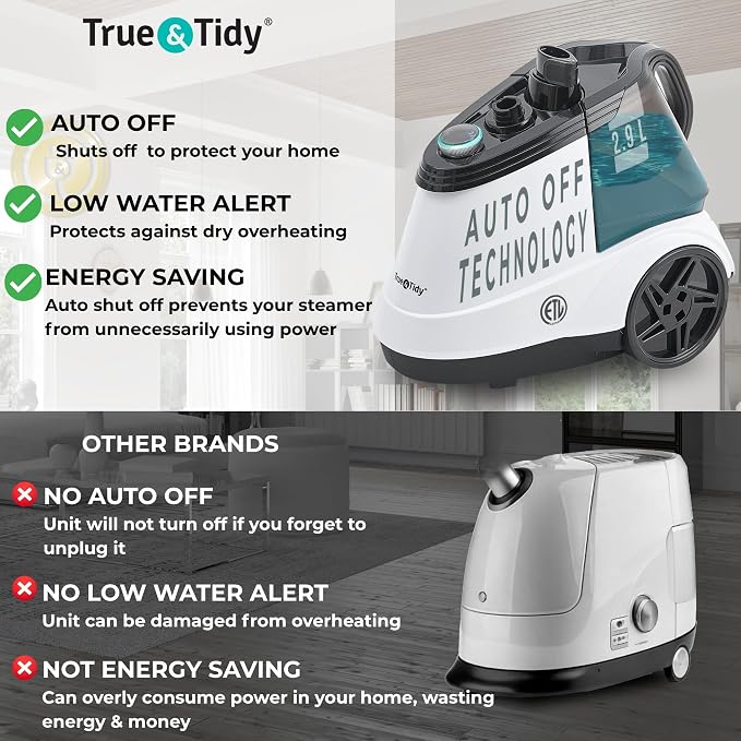 True & Tidy® Heavy Duty Auto Shut-off Commercial Garment Steamer, Smart Water Sensor w/Beep Alert, 3 Steam Settings, XL 3L Tank, 1800 watts, 90+min of Continuous Steam for Home and Commercial Use