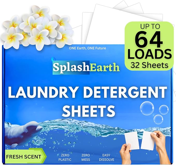 Laundry Detergent Sheets (64 Loads, Fresh Scent), Eco-Friendly Washer Sheets Detergent, Plastic-Free Travel Laundry Soap, 32 Strips