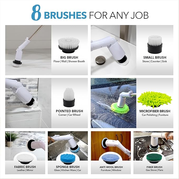 Barumi Electric Spin Scrubber – 3 Spin Modes, LED Control Panel, Adjustable Head Angles, Full Extension, Perfect for Bathroom, Kitchen, Tub, Floor & Cars – 8 Replaceable Brushes with Microfiber Pad