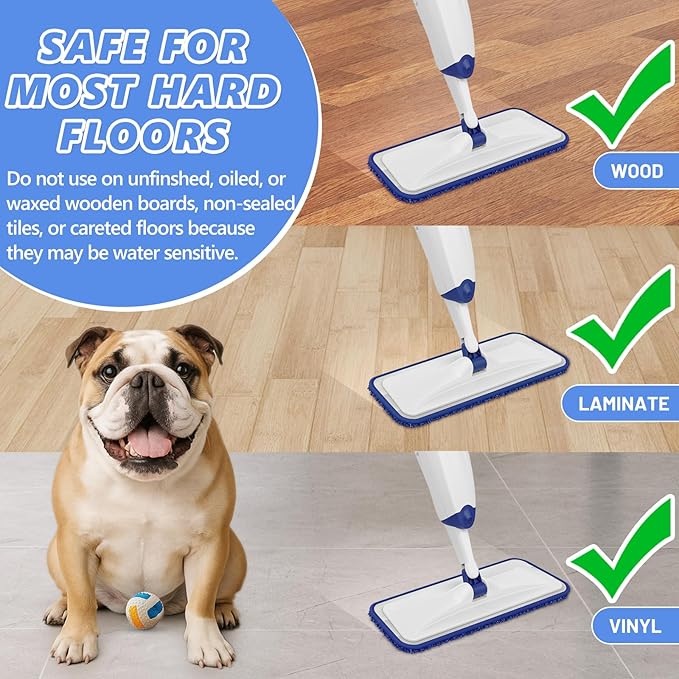 HOMTOYOU Spray Mops with 10 Reusable Pads: Wet Mop for Hardwood Tile Wood Laminate Vinyl - Absorbs Pet Hair Dust