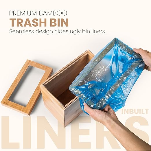 Bamboo Trash Can with Bin Liner Built-in Frame and Premium Lid - Wooden Bathroom Trash can, Bamboo Wastebasket for Bathroom, Bedroom, Living Room, Kitchen or Office