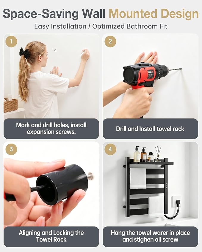 Heated Towel Rack for Bathroom, Wall Mounted Towel Warmer with Top Shelf, Fast PTC Heating in 6 Minutes, 4 Temperature Levels 110–170°F, 2–12H Timer, Space Aluminum Electric Towel Warmer Rack, 350W